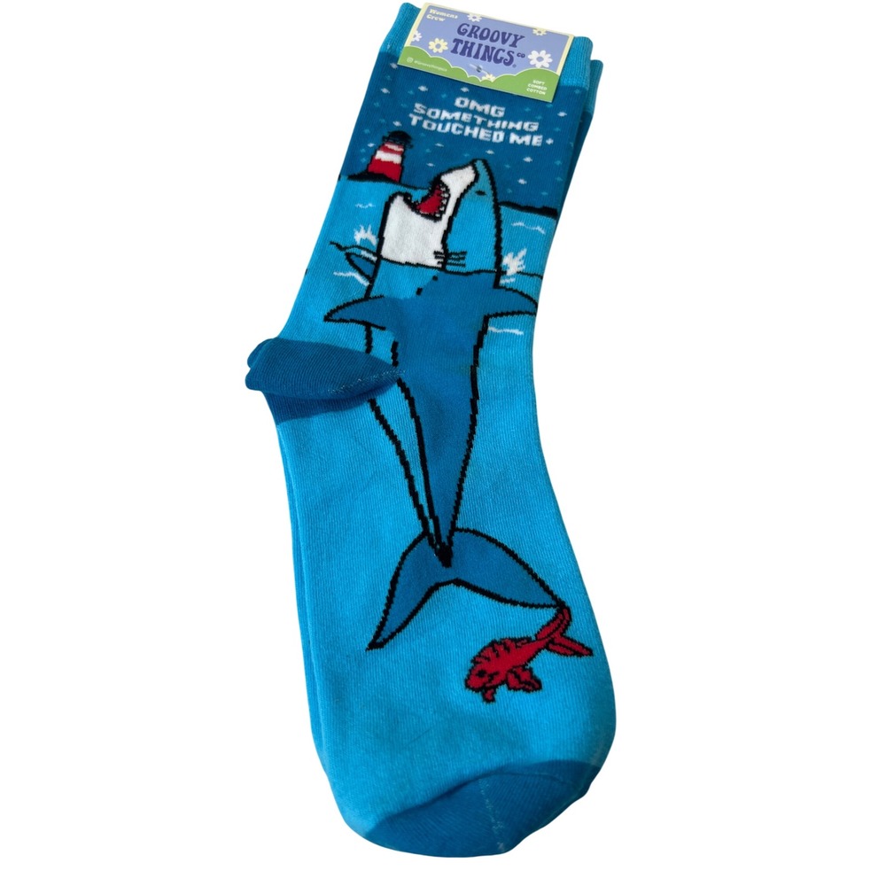 Groovy Things Co Womens Crew Socks Shark OMG Something Touched Me Blue FUNNY
